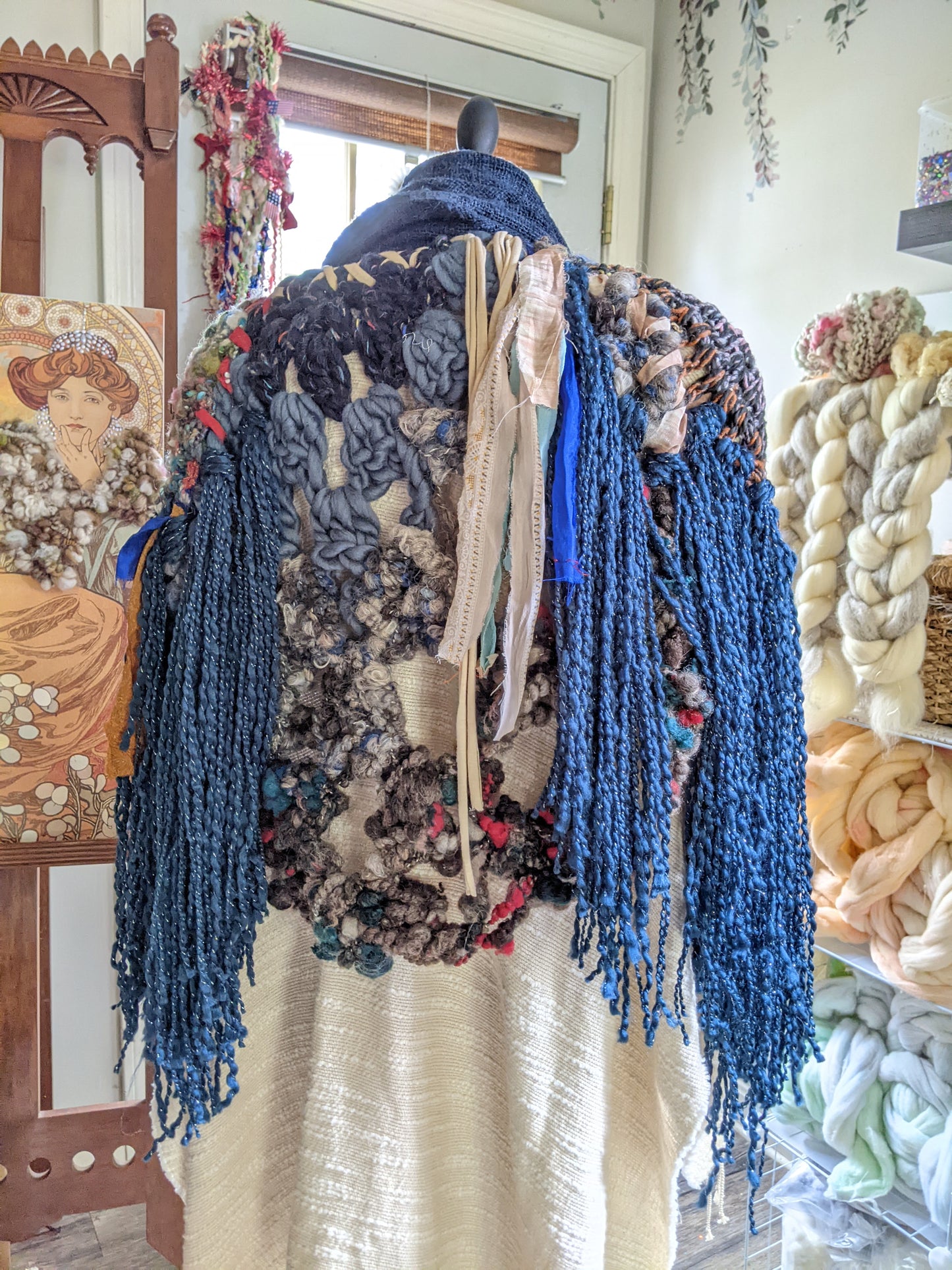 Fiber Festival Freeform Crochet, Knit Handspun, and Woven Boho Shredded Wings Wrap WAFA