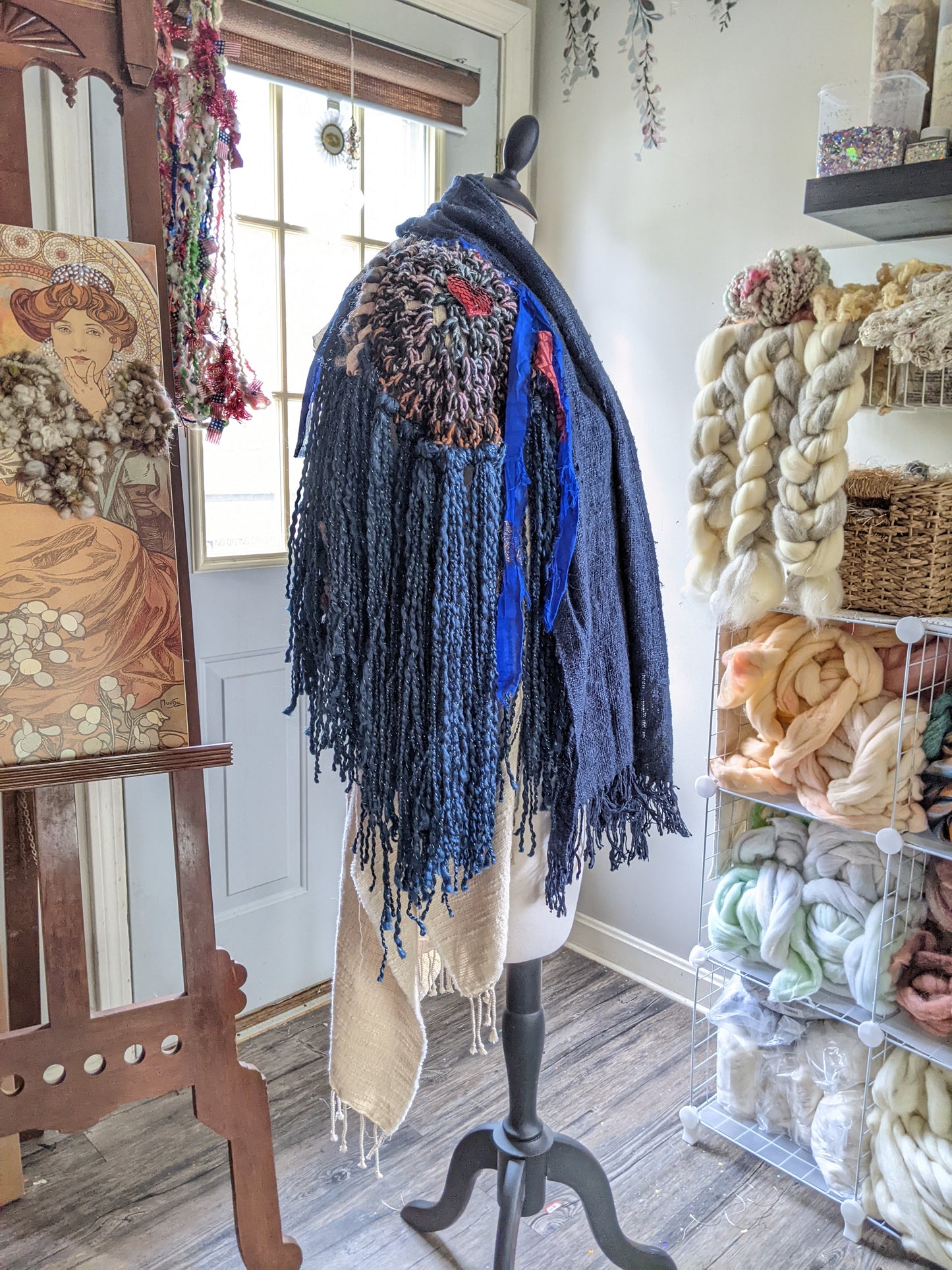 Fiber Festival Freeform Crochet, Knit Handspun, and Woven Boho Shredded Wings Wrap WAFA