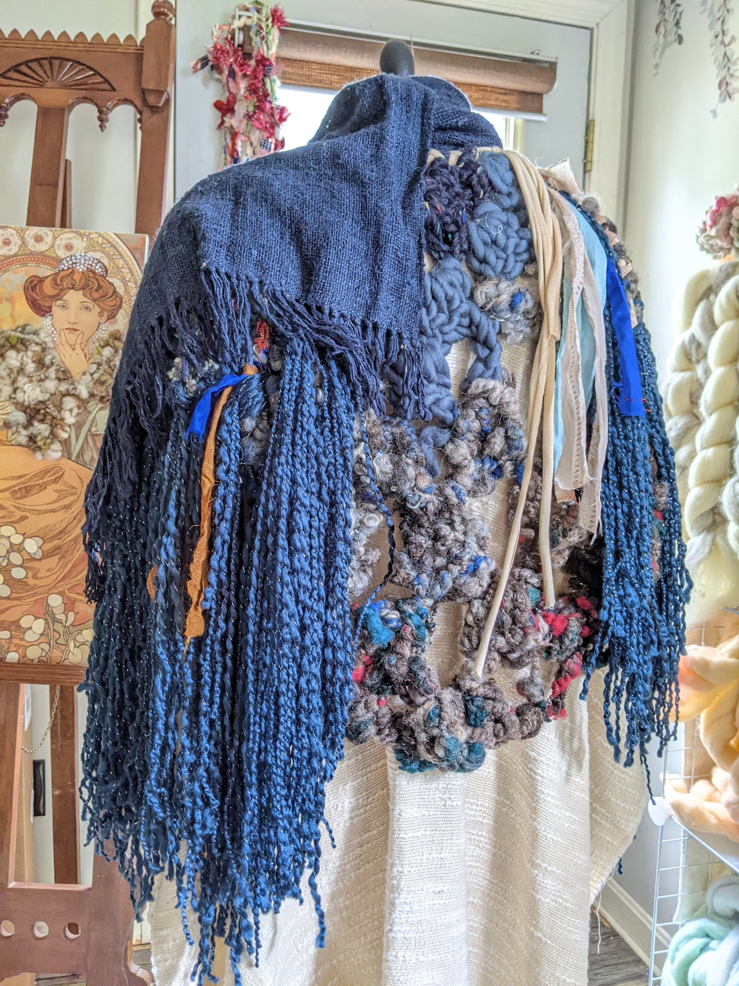 Fiber Festival Freeform Crochet, Knit Handspun, and Woven Boho Shredded Wings Wrap WAFA