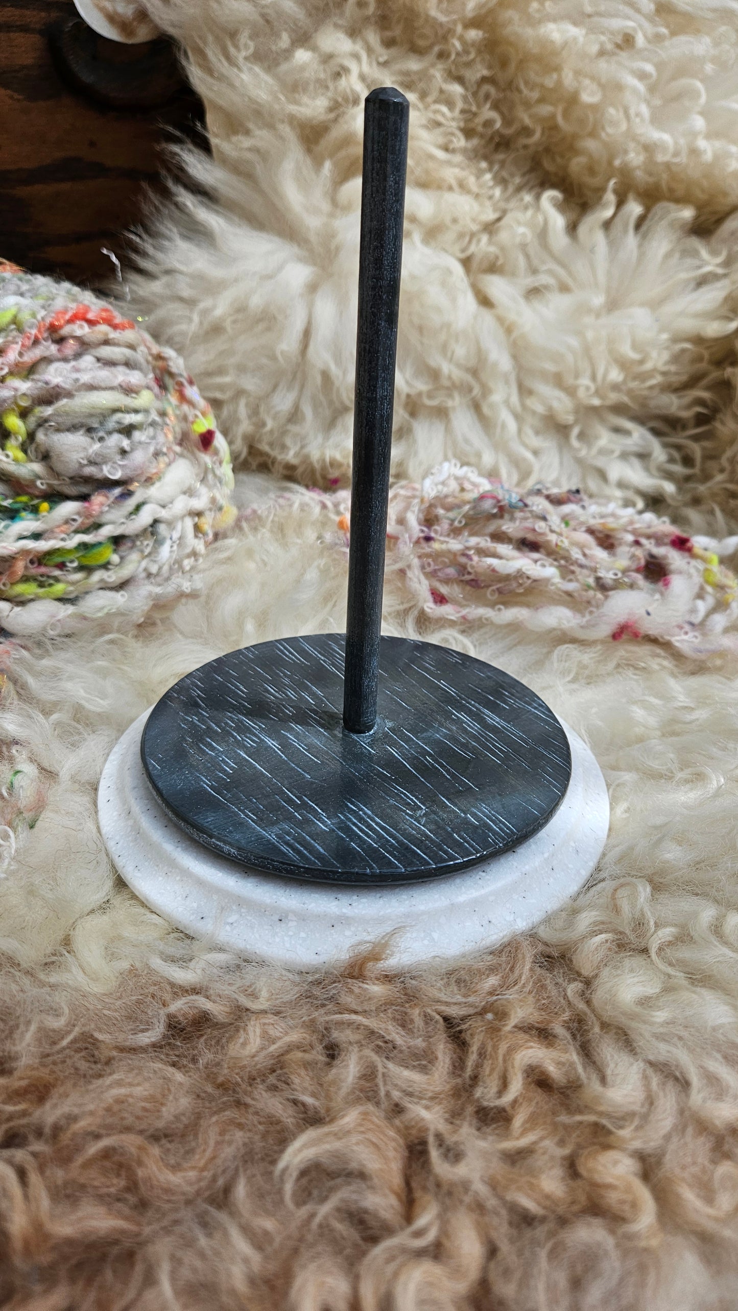 Handcrafted Yarn Bobbin Spinning Stand in Corian and Wood - M2