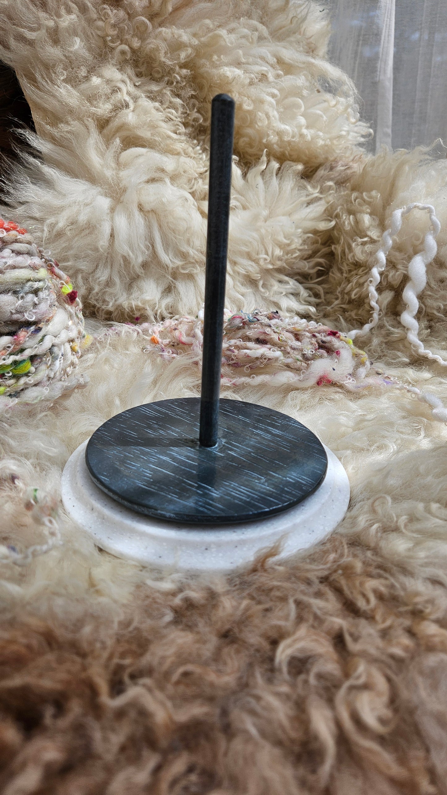 Handcrafted Yarn Bobbin Spinning Stand in Corian and Wood - M2