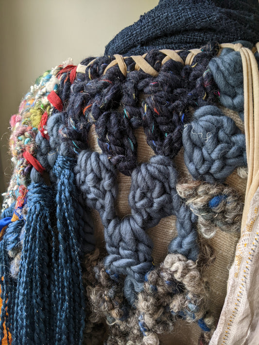 Fiber Festival Freeform Crochet, Knit Handspun, and Woven Boho Shredded Wings Wrap WAFA